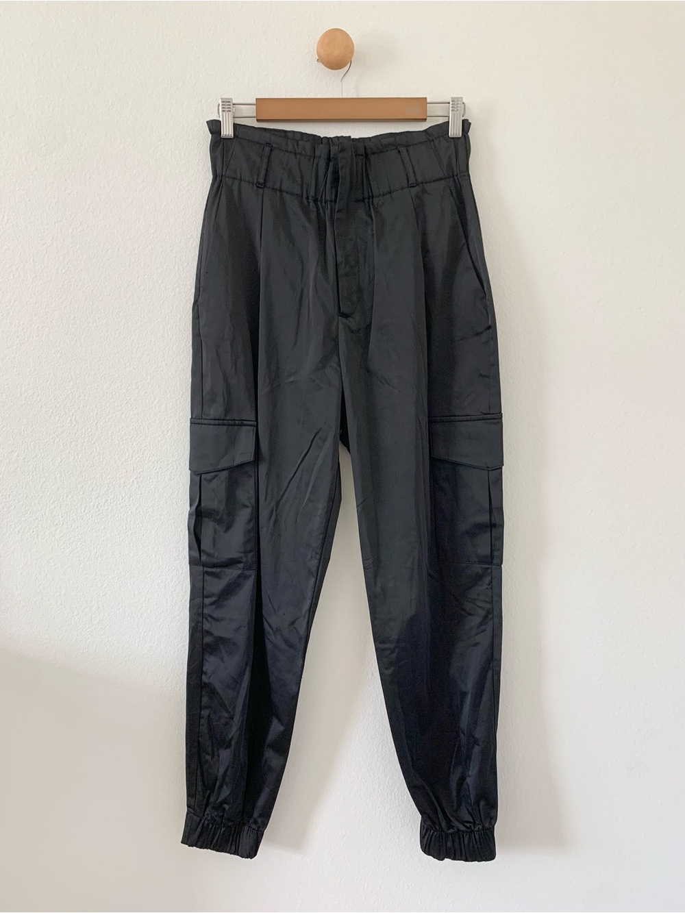❤️ 3/50 Zara Black Cargo Silk Satin Joggers Pants US Small